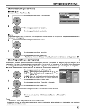 Page 4343
Este televisor incorpora la tecnología V-CHIP para bloquear películas o programas de televisión según la categoría de la
clasificación. Hay cuatro (4) categorías que aconsejan sobre el contenido de los programas: MPAA (Motion Picture Association
of America) y TV Parental Guidelines Ratings. Estas dos categorías se utilizan como guía para bloquear los programas.
• El modo predeterminado para la categoría de bloqueo es el de bloqueo desactivado.
Presione para seleccionar MPAA u U.S.TV.
MPAA: Para...
