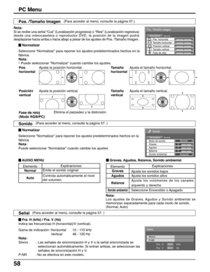 Page 5858
Ajusta el tamaño horizontal.
Ajusta el tamaño vertical. Ajusta la posición horizontal.
Ajusta la posición vertical. Nota:
Si se recibe una señal “Cue” (Localización progresiva) o “Rew” (Localización regresiva)
desde una videocasetera o reproductor DVD, la posición de la imagen podrá
desplazarse hacia arriba o hacia abajo a pesar de los ajustes de Pos. /Tamaño Imagen.
NormalNormalizar
Pos. /Tamaño Imagen
Posición vertical Pos. horizontal
Tamaño vertical Tamaño horizontal
Fase de reloj
Elimina el...