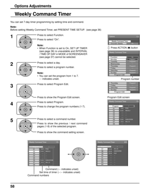 Page 58Options 
On Weekly Command TimerOnscreen display 
1/3  
Weekly Command Timer 
Program1MondayOnFunction
Program3Tuesday --- Wednesday Program3Thursday --- Friday Program6Saturday Program4Sunday Program Edit 
yProgram3Thursday --- Friday Program6Saturday Program4Sunday Program Edit 
Weekly Command Timer 
8:00 
10:30 0102
1/8
--:-- 03--:-- 04--:-- 
--:-- 0512:00 069:12  PON
IMS:SL1 
--- 
--- 
--- 
---  DAM:ZOOM 
AVL:10 0708
1Program
Weekly Command Timer 
20:00 
20:30 57 
58 
8/8   
22:00 59 --:-- 60 --:--...