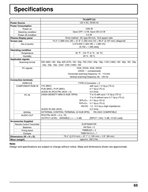 Page 6565
Speciﬁ cations
TH-85PF12U
Power Source  120 V AC, 50/60 Hz
Power Consumption Power on 1250 W
Stand-by condition Save OFF 1.0 W, Save ON 0.5 W
Power off condition 0.2 W
Plasma Display panel Drive method : AC type 85-inch, 16:9 aspect ratio
Screen size 74.3” (1,889 mm) (W) × 41.8” (1,062 mm) (H) × 85.3”\
 (2,167 mm) (diagonal)
(No.of pixels) 2,073,600 (1,920 (W) × 1,080 (H))
[5,760 × 1,080 dots]
Operating condition Temperature 32 °F - 104 °F (0 °C - 40 °C)
Humidity 20 % - 80 %
Applicable signals...
