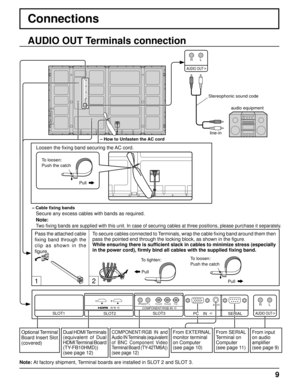 Page 9AUDIO OUT
RL
1 2 
SERIAL 
PC    IN
AUDIO 
AUDIO OUT
R L 
SLOT1SLOT3 
P R /C R /R P B /C B /B Y/G AUDIO R L COMPONENT/RGB IN
SLOT2
9
Connections
 Note: 
 
Two ﬁ  xing bands are supplied with this unit. In case of securing cables at th\
ree positions, please purchase it separately.
– How to Unfasten the AC cord
– Cable ﬁ  xing bands
Secure any excess cables with bands as required.
Pass the attached cable 
ﬁ  xing band through the 
clip as shown in the 
ﬁ  gure.  To secure cables connected to Terminals,...