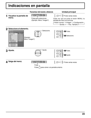 Page 2323
Indicaciones en pantalla
Transmisor del mando a distanciaUnidad principal
1Visualice la pantalla de 
menú.
Pulse para seleccionar.
(Ejemplo: Menú “Imagen”)
MENUPulse varias veces.
Cada vez que se pulsa el botón MENU, la 
pantalla de menú se conmuta. Visión normal Imagen Con ﬁ guración
Sonido Pos. /Tamaño
2Seleccione el elemento.
Seleccione.
VOL
ENTER/
+/
-/
 Pulse.
 Seleccione.25  0 
0 
0 
5 
Imagen
NormalNormalizarNormal
Brillo
Nitidez Modo de Imagen
Color Contraste
Matiz
Corrección de color Ajuste...