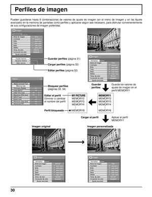 Page 30Perﬁ les de imagen
Pueden guardarse hasta 8 combinaciones de valores de ajuste de imagen (\
en el menú de Imagen y en las Ajuste 
avanzado) en la memoria de pantallas como per ﬁ les y aplicarse según sea necesario, para disfrutar convenientemente \
de sus conﬁ  guraciones de imagen preferidas.
18
0 
0 
0 
3
Imagen
NormalNormalizarCine
Brillo
Nitidez Modo de Imagen
Color Contraste
Matiz
Corrección de color Ajuste avanzado
Guardar memoria
Temp. de color Normal
Apagado
Recuperar memoria
Editar memoria
250...