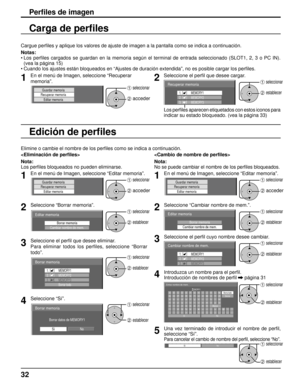 Page 32Perﬁ les de imagen
Cargue per ﬁ les y aplique los valores de ajuste de imagen a la pantalla como se indi\
ca a continuación.
Notas:
•   Los perﬁ  les cargados se guardan en la memoria según el terminal de entrada se\
leccionado (SLOT1, 2, 3 o PC IN). 
(vea la página 15)
• Cuando los ajustes están bloqueados en “Ajustes de duración ext\
endida”, no es posible cargar los per ﬁ les.
1En el menú de Imagen, seleccione “Recuperar 
memoria”.
Guardar memoria
Recuperar memoria
Editar memoria1 seleccionar
2...