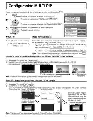 Page 47—
MULTI PIP
Modo de visualización PIP de mezcla
Apagado 1
Nivel de inserción Transparencia
Inserción 0 %
Nivel de transparencia Apagado
Configuración MULTI PIP
2/2 Configuración
MULTI DISPLAY
TEMPORIZADOR ajusteConfiguración MULTI PIPConfig. retrato
Conﬁ  guración MULTI PIP
Ajuste la función de visualización de dos pantallas que se activa \
cuando se pulsa .
Presione para seleccionar “Con ﬁ guración MULTI PIP”.
Presione para mostrar la pantalla “Con ﬁ guración MULTI PIP”.
Presione para mostrar la...