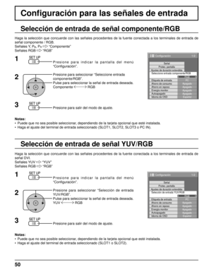 Page 501/2
PCApagadoAhorro en reposoApagadoEnergía monitorApagadoAutoapagadoApagadoIdioma de OSDEspañol
Selección de entrada YUV/RGB
RGB
Etiqueta de entrada Señal
Protec. pantalla
Ahorro de consumo
Configuración
Ajustes de duración extendida
1/2
PCApagadoAhorro en reposoApagadoEnergía monitorApagadoAutoapagadoApagadoIdioma de OSD Español
Seleccione entrada componente/RGB
RGB
Etiqueta de entrada Señal
Protec. pantalla
Ajustes de duración extendida
Ahorro de consumo
Configuración
Conﬁ  guración para las señales...