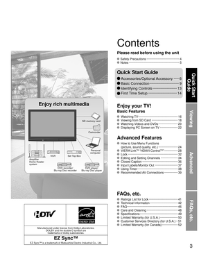 Page 33
Viewing
Advanced
FAQs, etc.
Quick Start Guide
Manufactured under license from Dolby Laboratories. DOLBY and the double-D symbol are trademarks of Dolby Laboratories.
EZ Sync™
EZ Sync™ is a trademark of Matsushita Electric Industrial Co., Ltd.
 Watching TV  ··················\
··················\
··········· 16
  Viewing from SD Card ··················\
············· 18
  Watching Videos and DVDs ··················\
····· 20
  Displaying PC Screen on TV ··················\
··· 22
  How to Use Menu...