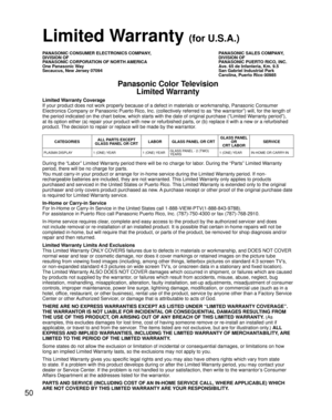 Page 5050
Limited Warranty Coverage
If your product does not work properly because of a defect in materials or workmanship, Panasonic Consumer 
Electronics Company or Panasonic Puerto Rico, Inc. (collectively referred to as “the warrantor”) will, for the length of 
the period indicated on the chart below, which starts with the date of original purchase (“Limited Warranty period”), 
at its option either (a) repair your product with new or refurbished parts, or (b) replace it with a new or a refurbished 
product....