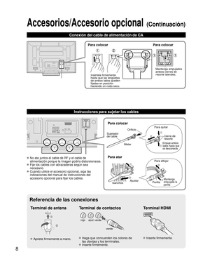 Page 668
Conexión del cable de alimentación de CA
Accesorios/Accesorio opcional (Continuación)
Terminal de antena Terminal de contactosTerminal HDMI
verdeazulrojo
verde
 Apriete firmemente a mano. Haga que concuerden los colores de las clavijas y los terminales.
 Inserte firmemente.
 Inserte firmemente.
Para colocar
Orificio
Meter
Para atar
Para quitar
Para aflojar
Empuje ambos 
lados hasta que 
se desconecte
Cierre de
resorte
Ajustar
Ganchos Perilla
Mantenga
empujada la
perilla
Sujetador 
de cable
 No ate...