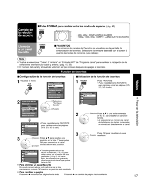 Page 7517
Visión
 Para ver la televisión
■Configuración de la función de favoritos
1Visualice el menú
SUBMENU
Ajuste SUB MENU
Modo surf
Configurar favorito
NoCC
Seleccionar títulos
Medidor de señal
Todos
2Ajuste SUB MENU
Modo surf
Configurar favorito
NoCC
Seleccionar títulos
Medidor de señal
Todos
 Seleccione 
 “Configurar  favorito” 
 Aceptar
Configurar favorito1/3
1
2
3
4
---
---
---
---
•  Pulse repetidamente FAVORITE  para cambiar entre las páginas 
(1/3, 2/3, 3/3 ó salir).
3 Seleccione 
 Aceptar
Pulse ▲▼...