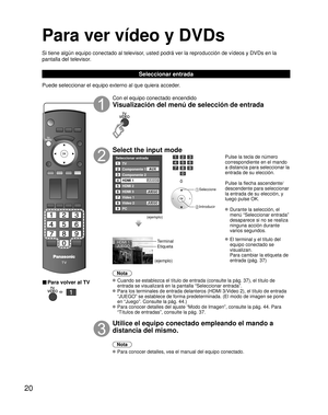 Page 7820
Para ver vídeo y DVDs
Si tiene algún equipo conectado al televisor, usted podrá ver la reproducción de vídeos y DVDs en la 
pantalla del televisor.
Seleccionar entrada
Puede seleccionar el equipo externo al que quiera acceder. 
■ Para volver al TV
   
Con el equipo conectado encendido
Visualización del menú de selección de entrada
Select the input mode
Seleccionar entrada
2
3
4
5
8TV
Componente 1
Componente 2
HDMI 1
HDMI 2
Video 2
7
Video 1
6HDMI 3
JUEGO
1
AUX
GAME
8 Video 2JUEGO
9PC
JUEGO
(ejemplo)...