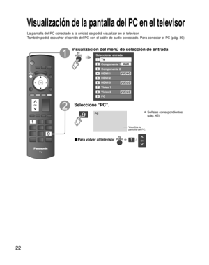 Page 8022
Visualización de la pantalla del PC en el televisor
La pantalla del PC conectado a la unidad se podrá visualizar en el te\
levisor.
También podrá escuchar el sonido del PC con el cable de audio conec\
tado. Para conectar el PC (pág. 39)
Visualización del menú de selección de entrada
Seleccionar entrada
2
3
4
5
8TV
Componente 1
Componente 2
HDMI 1
HDMI 2
Video 2
8
Video 1
6
HDMI 3
JUEGO
1
AUX
9Video 2PC
JUEGO
7
JUEGO
Seleccione “PC”.
PC
Visualiza la 
pantalla del PC.
  
Señales correspondientes
(pág....