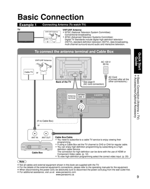 Page 99
Quick Start 
Guide
 Basic Connection (Antenna + TV) Accessories/Optional Accessory
To connect the antenna terminal and Cable Box
ANT OUTANT IN
S VIDEO
PB Y
PBY
AUDIO
IN
PC
HDMI 1 HDMI 2AV IN
Basic Connection
Note
  Not all cables and external equipment shown in this book are supplied with the TV.
 For the details of the external equipment’s connections, please refer to the operating manuals for the equipment.
 When disconnecting the power cord, be absolutely sure to disconnect the power cord plug from...