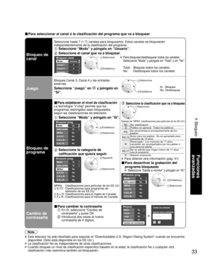 Page 9133
Funciones 
avanzadas
 Bloqueo
■ Para seleccionar el canal ó la clasificación del programa que va a\
 bloquear
Bloqueo de 
canal
Seleccione hasta 7 (1-7) canales para bloquearlos. Estos canales se bl\
oquearán 
independientemente de la clasificación del programa. 
 Seleccione “Modo” y póngalo en “Usuario”.
 Seleccione el canal que va a bloquear.
Bloquear canal
Modo
Canal 1 
Canal 2 
Canal 3 
Usuario
3
4
-
 Seleccione 
 Establezca
 Para bloquear/desbloquear todos los canales:
 Seleccione “Modo” y...