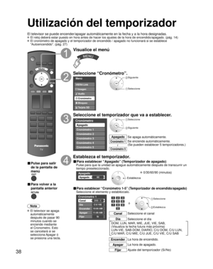 Page 9638
Utilización del temporizador 
El televisor se puede encender/apagar automáticamente en la fecha y a\
 la hora designadas.
 El reloj deberá estar puesto en hora antes de hacer los ajustes de la\
 hora de encendido/apagado. (pág. 14)
 El cronómetro de apagado y el temporizador de encendido / apagado no \
funcionará si se establece “Autoencendido”. (pág. 27)
■ Pulse para salir 
de la pantalla de 
menú
■ Para volver a la 
pantalla anterior
Nota
 El televisor se apaga automáticamente 
después de pasar 90...