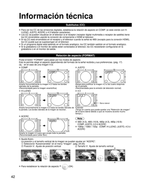 Page 10042
Información técnica
Subtítulos (CC)
 Para ver los CC de las emisiones digitales, establezca la relación de\
 aspecto en COMP. (si está viendo con H-LLENO, JUSTO, ACERC o 4:3 faltarán caracteres).
 Los CC se pueden visualizar en el televisor si el receptor (receptor di\
gital multimedia o receptor de satélite) tiene los CC encendidos usando la conexión de componente o HDMI al televiso\
r. 
 Si los CC está encendidos en el receptor y el televisor cuando la señ\
al es 480i (excepto para la conexión...