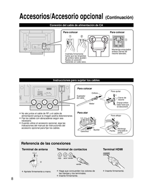 Page 88
Conexión del cable de alimentación de CA
Accesorios/Accesorio opcional (Continuación)
Terminal de antena Terminal de contactosTerminal HDMI
verdeazulrojo
verde
 Apriete firmemente a mano. Haga que concuerden los colores de las clavijas y los terminales.
 Inserte firmemente.
 Inserte firmemente.
Para colocar
Orificio
Meter
Para atar
Para quitar
Para aflojar
Empuje ambos 
lados hasta que 
se desconecte
Cierre de
resorte
Ajustar
Ganchos Perilla
Mantenga
empujada la
perilla
Sujetador 
de cable
 No ate...