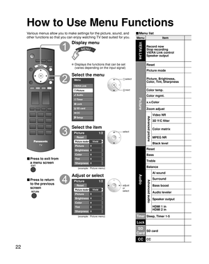 Page 2222
MenuItem
VIERA Link
Record now
Stop recording
VIERA Link control 
Speaker output
Picture
Reset
Picture mode
Picture, Brightness,
Color, Tint, Sharpness
Color temp.
Color mgmt.
x.v.Color
Zoom adjust
Advanced pictureVideo NR
3D Y/C filter 
Color matrix
MPEG NR
Black level
Audio
Reset
Bass
Treble
Balance
Advanced audio
AI sound
Surround
Bass boost
Audio leveler
Speaker output
HDMI 1 in
HDMI 2 in
TimerSleep, Timer 1-5
Lock
SD
CardSD card
CCCC
■ Menu list
How to Use Menu Functions
Various menus allow you...