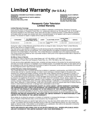 Page 4747
FAQs, etc.
 Limited Warranty (for U.S.A.)
 Specifications
Limited Warranty Coverage
If your product does not work properly because of a defect in materials \
or workmanship, Panasonic Consumer 
Electronics Company or Panasonic Puerto Rico, Inc. (collectively referr\
ed to as “the warrantor”) will, for the length of 
the period indicated on the chart below, which starts with the date of original purchase (“Limited Warranty period”), 
at its option either (a) repair your product with new or refurbished...