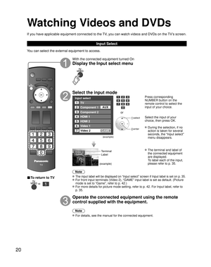 Page 2020
Watching Videos and DVDs
If you have applicable equipment connected to the TV, you can watch videos and DVDs on the TV’s screen.
Input Select
You can select the external equipment to access. 
■ To return to TV
   
With the connected equipment turned On
Display the Input select menu
Select the input mode
Input select
2
3
4
5
7TV
Component 1
Component 2
HDMI 1
HDMI 2
Video 2
6Video 1
1
AUX
GAME
(example)
or
 select
 enter
Press corresponding 
NUMBER button on the 
remote control to select the 
input of...