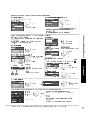 Page 3333
Advanced
 Editing and Setting Channels
Automatically searches and adds available channels to the memory.
 Select “ANT in”
     Select Cable or Antenna (p. 15)
 Select “Auto”
Program channel
CableANT in
Auto
Manual
Signal meter
 next
 select
 Select a scanning mode (p. 15)
Auto program
All channels
Analog only
Digital only
 ok
 select
Settings are made automatically 
 After the scanning is completed, select “Apply”.
(see below 
).
 All previously saved channels are erased.
Use this procedure when...