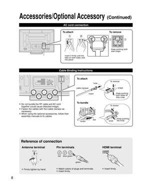 Page 88
Cable Binding and AC cord Instructions
Accessories/Optional Accessory (Continued)
Antenna terminal Pin terminals HDMI terminal
green blue red
green
 Firmly tighten by hand. Match colors of plugs and terminals.
 Insert firmly.
 Insert firmly.
AC cord connection
To attach
hole
Insert
To bundle
To remove
To loosenKeep pushing 
both sides till 
they snap snaps
Set
hooksknobKeep pushing 
the knob cable clamper
 Do not bundle the RF cable and AC cord 
together (could cause distorted image).
 Fasten the...