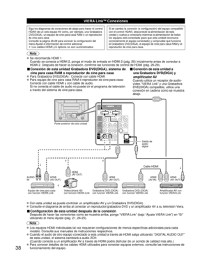 Page 3838
HDMI 1AV IN
HDMI 2
AUDIO VIDEO
TO
AUDIO
AMP
COMPONENTIN
VIDEO
IN 1
2
AUDIO
PROG
OUT
RPRPBY
P
RPBYR
R L
L
L
R L
S VIDEO
DIGITALAUDIO OUT
VIERA LinkTM Conexiones
Siga los diagramas de conexiones de abajo para hacer el control 
HDAVI de un solo equipo AV como, por ejemplo, una Grabadora 
DVD(DIGA), un equipo de cine para casa RAM ó un reproductor 
de cine para casa.
Consulte la página 26-29 para conocer la configuración del 
menú Ajuste e información de control adicional.
•  Los cables HDMI y/ó ópticos...