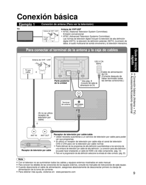 Page 99
Guía de inicio rápido
 Conexión básica (Antena + TV) Accesorios/Accesorio  opcional
Para conectar el terminal de la antena y la caja de cables
ANT OUTANT IN
Conexión básica
Nota
  Con el televisor no se suministran todos los cables y equipos externos m\
ostrados en este manual. 
  Para conocer los detalles de las conexiones de los equipos externos, con\
sulte los manuales de instrucciones de cada equipo.
 Cuando desconecte el cable de alimentación, asegúrese absolutament\
e de desconectar primero la...