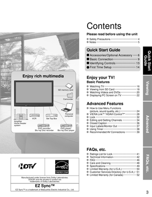 Page 33
Viewing
Advanced
FAQs, etc.
Quick Start Guide
Manufactured under license from Dolby Laboratories. DOLBY and the double-D symbol are trademarks of Dolby Laboratories.
EZ Sync™
EZ Sync™ is a trademark of Matsushita Electric Industrial Co., Ltd.
 Watching TV  ··················\
··················\
··········· 16
  Viewing from SD Card ··················\
············· 18
  Watching Videos and DVDs ··················\
····· 20
  Displaying PC Screen on TV ··················\
··· 22
  How to Use Menu...