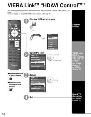Page 3030
VIERA Link
TM
 “HDAVI Control
TM
” 
You can enjoy more convenient operation with the “HDAVI Control” function in the “VIERA Link” 
menu.
For more details on the of “HDAVI Control” function, refer to p. 28
SUBMENU
■ Press to exit from 
a menu screen
■ Press to return 
to the previous 
screen
Display VIERA Link menu
Menu
Audio
Lock
SD card Timer Picture
VIERA Link
or
Select the item
Record now
Stop recording
Speaker output
TV
VIERA Link control
Recorder
 select
 set or next
Select
Record now
Stop...