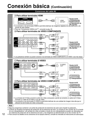 Page 1212
Alta definición
Definición estándar
Nota
 Algunos programas contienen una señal de protección de derechos de\
 autor para impedir la grabación. 
 Cuando se visualiza el programa de protección de los derechos de auto\
r, no conecte el otro monitor de TV a través 
de una videograbadora. Las señales de vídeo enviadas a través d\
e una videograbadora pueden ser afectadas por 
los sistemas de protección de los derechos de autor, y las imágenes se distorsionarán en el otro monitor de TV.
 Para conocer los...