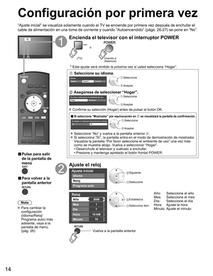 Page 1414
Configuración por primera vez
“Ajuste inicial” se visualiza solamente cuando el TV se enciende por primera vez después de enchufar el 
cable de alimentación en una toma de corriente y cuando “Autoencen\
dido” (págs. 26-27) se pone en “No”.
ó
■  Pulse para salir 
de la pantalla de 
menú
 
■ Para volver a la 
pantalla anterior 
Nota
 Para cambiar la  configuración 
(Idioma/Reloj/
Programa auto) más 
adelante, vaya a la 
pantalla de menú. 
(pág. 26)
Encienda el televisor con el interruptor POWER
ó
(mando...