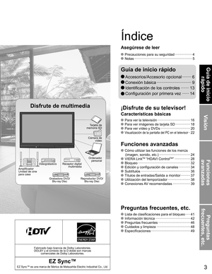 Page 33
Visión
Funciones 
avanzadas
Preguntas 
frecuentes, etc.
Guía de inicio  rápido
Fabricado bajo licencia de Dolby Laboratories.
DOLBY y el símbolo de la D doble son marcas  comerciales de Dolby Laboratories.
EZ Sync™
EZ Sync™ es una marca de fábrica de Matsushita Electric Industrial\
 Co., Ltd.
 Para ver la televisión ··················\
················ 16
 Para ver imágenes de tarjeta SD ··············· 18
 Para ver vídeo y DVDs ··················\
············· 20
 Visualización de la pantalla del PC...