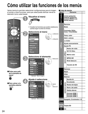 Page 2424
Menú ElementoVIERA Link
Iniciar grabación
Detener grabación
Control VIERA Link 
Salida altavoz
Imagen
Reiniciar
Modo
Contraste, Brillo,
Color, Tinte,Nitidez
Temp. color
Admi. colores
x.v.Color
Ajuste acercamiento
Ajuste PC
Imagen avanzada
Reduc de ruido
3D Y/C filtro
Matriz color
MPEG NR
Nivel obscuro
Tamaño de HD
Audio
Reiniciar
Bajos
Altos
Balance
Audio avanzado
Sonido IA
Envolvente
Realce de bajos
Norm. de audio
Salida altavoz
Entrada HDMI 1
Entrada HDMI 2
Entrada HDMI 3
CronómetroApagado,...