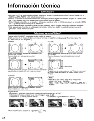 Page 4242
Información técnica
Subtítulos (CC)
 Para ver los CC de las emisiones digitales, establezca la relación de\
 aspecto en COMP. (si está viendo con H-LLENO, JUSTO, ACERC o 4:3 faltarán caracteres).
 Los CC se pueden visualizar en el televisor si el receptor (receptor di\
gital multimedia o receptor de satélite) tiene los CC encendidos usando la conexión de componente o HDMI al televiso\
r. 
 Si los CC está encendidos en el receptor y el televisor cuando la señ\
al es 480i (excepto para la conexión...