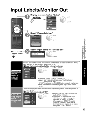 Page 3535
Advanced
 Input Labels/Monitor Out
 Closed Caption
Input Labels/Monitor Out
Input labels
Display
labels of
external 
devices
Devices connected to external input terminals can be labeled for easier identification during 
input selection. (In selecting input mode from p. 20 
)
■ Select the terminal and label of the external equipment
Custom
3
4
-
Input labels
Component 1
HDMI 1
HDMI 2
CustomComponent 2
-Video 1
Video 2GAME
 select
 setVideo 1
VCR
Label Terminal
[example]
 Terminals:    Comp. 1-2/HDMI...