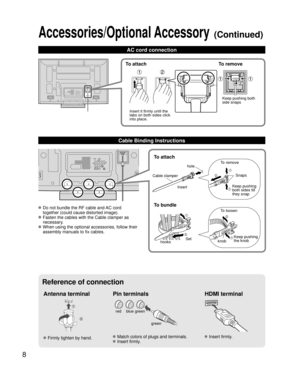 Page 88
Cable Binding and AC cord Instructions
Accessories/Optional Accessory (Continued)
Antenna terminal Pin terminals HDMI terminal
green blue red
green
 Firmly tighten by hand. Match colors of plugs and terminals.
 Insert firmly.
 Insert firmly.
AC cord connection
To attach
hole
Insert
To bundle
To remove
To loosenKeep pushing 
both sides till 
they snap Snaps
Set
hooksknobKeep pushing 
the knob Cable clamper
 Do not bundle the RF cable and AC cord 
together (could cause distorted image).
 Fasten the...