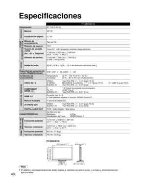 Page 4646
TH-M50HD18
AlimentaciónAC 120 V, 60 HzConsumo
Máximo497 W
Condición de espera  0,2 W
Panel de pantalla de 
plasmaMétodo de 
accionamientoTipo de CA
Relación de aspecto 16:9
Tamaño de pantalla 
visible
(An. × Al. × Diagonal)
(Número de píxeles) Clase 50”  (49,9 pulgadas medidas diagonalmente)
1.106 mm × 622 mm × 1.269 mm
(43,5 ” × 24,4 ” × 49,9 ”)
1.049.088 (1.366 (An.) × 768 (Al.))
[4.098 × 768 puntos]
Sonido
Salida de audio
20 W [ 10 W + 10 W ] ( 10 % de distorsión armónica total )
Capacidad de...