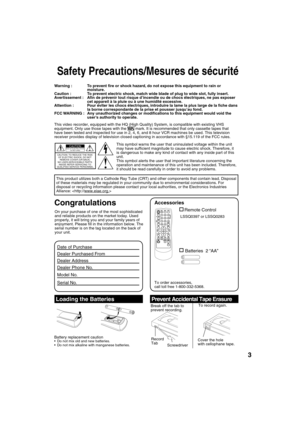 Page 33
Safety Precautions/Mesures de sécurité
This product utilizes both a Cathode Ray Tube (CRT) and other components that contain lead. Disposal 
of these materials may be regulated in your community due to environmental considerations. For 
disposal or recycling information please contact your local authorities, or the Electronics Industries 
Alliance: 
Warning :  To prevent  re or shock hazard, do not expose this equipment to rain or 
moisture.
Caution :  To prevent electric shock, match wide blade of...