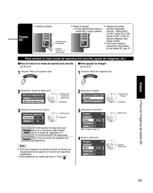Page 1919
Visión
 Para ver imágenes de tarjeta SD
Tarjeta 
SD
 Inserte la tarjeta. Retire la tarjeta.
 
  Pulse ligeramente sobre la 
tarjeta SD y luego suéltela.
 Tarjetas que pueden 
utilizarse (capacidad 
máxima):  Tarjeta SDHC 
(16 GB), Tarjeta SD (2 GB), 
Tarjeta miniSD (1 GB) (se 
requiere adaptador para 
Tarjeta miniSD)
 Para conocer detalles y 
precauciones relacionados 
con las tarjetas SD. (pág. 47)Superficie de
la etiqueta
Empuje 
hasta oír un 
ruido seco
Para cambiar la vista (modo de reproducción...