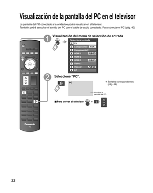 Page 2222
Visualización de la pantalla del PC en el televisor
La pantalla del PC conectado a la unidad se podrá visualizar en el te\
levisor.
También podrá escuchar el sonido del PC con el cable de audio conec\
tado. Para conectar el PC (pág. 40)
Visualización del menú de selección de entrada
Seleccionar entrada
2
3
4
5
8TV
Componente 1
Componente 2
HDMI 1
HDMI 2
Video 2
7
Video 1
6HDMI 3
JUEGO
1
AUX
8Video 2
9PC
JUEGO
JUEGO
Seleccione “PC”.
PC
Visualiza la 
pantalla del PC.
  
Señales correspondientes
(pág....