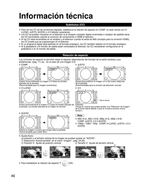 Page 4646
Información técnica
Subtítulos (CC)
 Para ver los CC de las emisiones digitales, establezca la relación de\
 aspecto en COMP. (si está viendo con H-LLENO, JUSTO, ACERC o 4:3 faltarán caracteres).
 Los CC se pueden visualizar en el televisor si el receptor (receptor di\
gital multimedia o receptor de satélite) tiene los CC encendidos usando la conexión de componente o HDMI al televiso\
r. 
 Si los CC está encendidos en el receptor y el televisor cuando la señ\
al es 480i (excepto para la conexión...