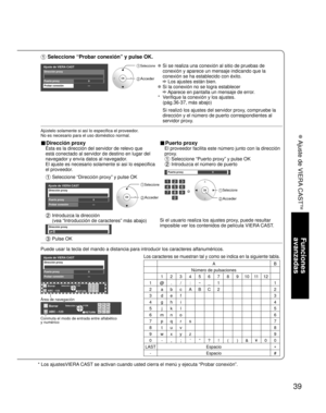 Page 10539
Funciones 
avanzadas
 Ajuste de VIERA CAST
TM
* Los ajustesVIERA CAST se activan cuando usted cierra el menú y ejecuta “Probar conexión”.
 Seleccione “Probar conexión” y pulse OK.
Ajuste de VIERA CASTDirección proxy
Puerto proxy0
---Probar conexión
 Seleccione
 Acceder
  Si se realiza una conexión al sitio de pruebas de 
conexión y aparece un mensaje indicando que la 
conexión se ha establecido con éxito.
 Los ajustes están bien.
  Si la conexión no se logra establecer
 Aparece en pantalla un mensaje...