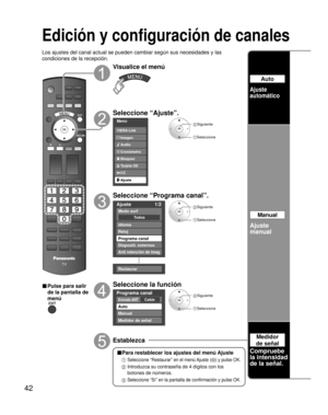 Page 10842
Edición y configuración de canales
Los ajustes del canal actual se pueden cambiar según sus necesidades y las 
condiciones de la recepción.
■ Pulse para salir 
de la pantalla de 
menú
Visualice el menú
Seleccione “Ajuste”.
Menú
Audio
Bloqueo
Ajuste Tarjeta SD
CC
Cronómetro Imagen VIERA Link
 Siguiente
Seleccione
Seleccione “Programa canal”.
Ajuste 1/2
To d o s
Modo surf
Idioma
Reloj
Programa canal
Dispositi. externos
Anti retención de imag
Restaurar
 Siguiente
 Seleccione
Seleccione la función...