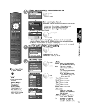 Page 1515
Quick Start 
Guide
 First Time  Setup
■ Press to exit from 
a menu screen
Note
 About broadcasting 
systems
 Analog (NTSC):
 Conventional 
broadcasting
 Digital (ATSC):
  New programming 
that allows you to 
view more channels 
featuring high-quality 
video and sound
 Select scanning mode (ALL channels/Analog only/Digital only)
Auto program
All channels
Analog only
Digital only
 ok
 select
Auto programProgress
Number of analog channels
Number of digital channels8%100Press RETURN to quit.
RETURN
Start...