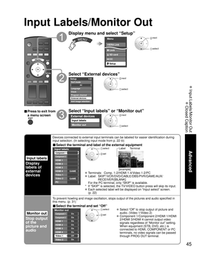 Page 4545
Advanced
 Input Labels/Monitor Out
 Closed Caption
Input Labels/Monitor Out
Input labels
Display
labels of
external 
devices
Devices connected to external input terminals can be labeled for easier identification during 
input selection. (In selecting input mode from p. 22 
)
■ Select the terminal and label of the external equipment
Custom
3
4
-
-
Input labels
Component 1
HDMI 1
HDMI 2
HDMI 3
CustomComponent 2
-Video 1
Video 2
-HDMI 4
GAME
-PC
GAME
 select
 setVideo 1
VCR
Label Terminal
[example]...