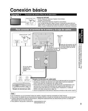 Page 759
Guía de inicio 
rápido
 Conexión básica (Antena + TV) Accesorios/Accesorio  opcional
Para conectar el terminal de la antena y la caja de cables
ANT OUTANT IN
Conexión básica
Nota
  Con el televisor no se suministran todos los cables y equipos externos mostrados en este manual. 
  Para conocer los detalles de las conexiones de los equipos externos, consulte los manuales de instrucciones de cada equipo.
 Cuando desconecte el cable de alimentación, asegúrese absolutamente de desconectar primero la clavija...