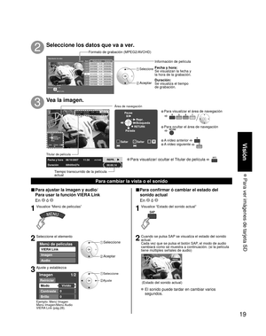 Page 8519
Visión
 Para ver imágenes de tarjeta SD
Para cambiar la vista o el sonido
■Para confirmar ó cambiar el estado del 
sonido actual
 En 
 ó 
1Visualice “Estado del sonido actual”
2Cuando se pulsa SAP se visualiza el estado del sonido 
actual.
Cada vez que se pulsa el botón SAP, el modo de audio 
cambiará como se muestra a continuación. (si la película 
tiene múltiples señales de audio)
stereo
(Estado del sonido actual)
 El sonido puede tardar en cambiar varios 
segundos. 
■ Para ajustar la imagen y...