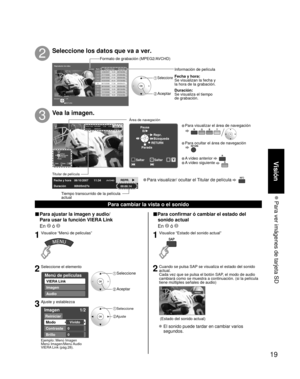 Page 1919
Visión
 Para ver imágenes de tarjeta SD
Para cambiar la vista o el sonido
■Para confirmar ó cambiar el estado del sonido actual
 En 
 ó 
1Visualice “Estado del sonido actual”
2Cuando se pulsa SAP se visualiza el estado del sonido 
actual.
Cada vez que se pulsa el botón SAP, el modo de audio 
cambiará como se muestra a continuación. (si la película 
tiene múltiples señales de audio)
stereo
(Estado del sonido actual)
 El sonido puede tardar en cambiar varios  segundos. 
■ Para ajustar la imagen y...