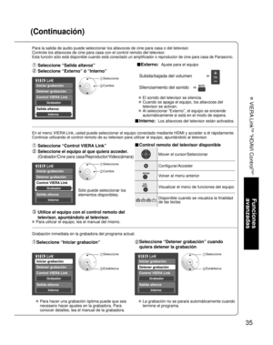 Page 3535
Funciones 
avanzadas
 VIERA Link
TM
 “HDAVI Control
TM
”
(Continuación)
Para la salida de audio puede seleccionar los altavoces de cine para cas\
a o del televisor.
Controle los altavoces de cine para casa con el control remoto del telev\
isor.
Esta función sólo está disponible cuando está conectado un a\
mplificador o reproductor de cine para casa de Panasonic.
 Seleccione “Salida altavoz”   
 Seleccione “Externo” ó “Interno”   
 ■Externo:  Ajuste para el equipo
  Subida/bajada del volumen...